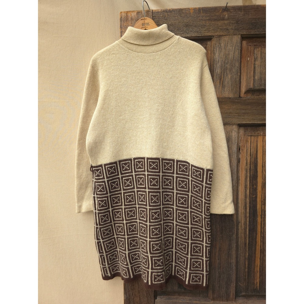 Vintage 1960s Sears Beige Sweater Dress Mod 100% Australian Lambswool Midi